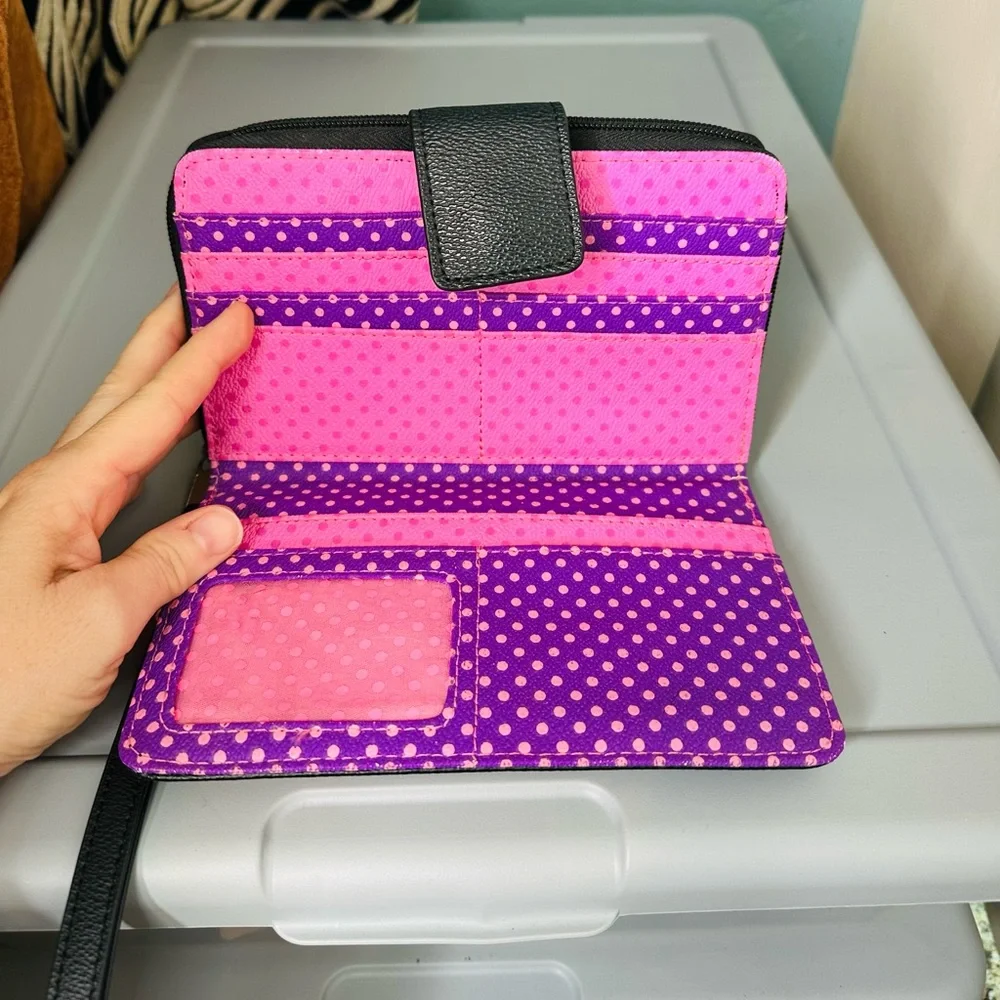 Disney Parks Minnie Mouse black faux leather wallet wristlet strap patches.